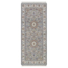 2'8"x6'3" Light Blue Wool & Silk Nain Medallions Design Hand Knotted Runner Rug