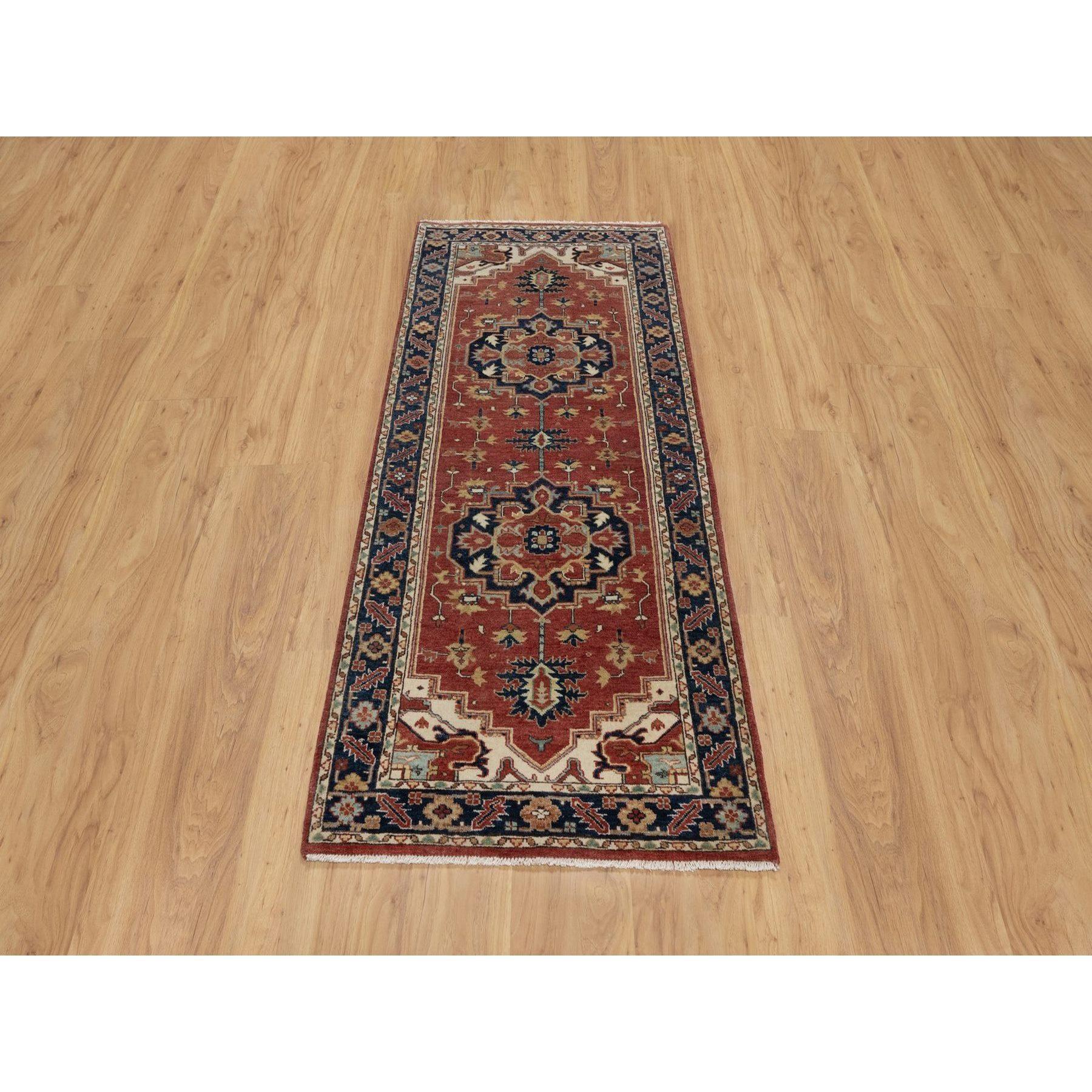 Berry Red, Antiqued Fine Heriz Re-Creation, Medallions Design, Hand Spun New Zealand Wool, Soft Pile, Vegetable Dyes, Hand Knotted, Wide Runner, Oriental Rug 
Primary materials: Wool
Latex: No Pile 
height: 0.25 Inches
Style: Traditional
Primary