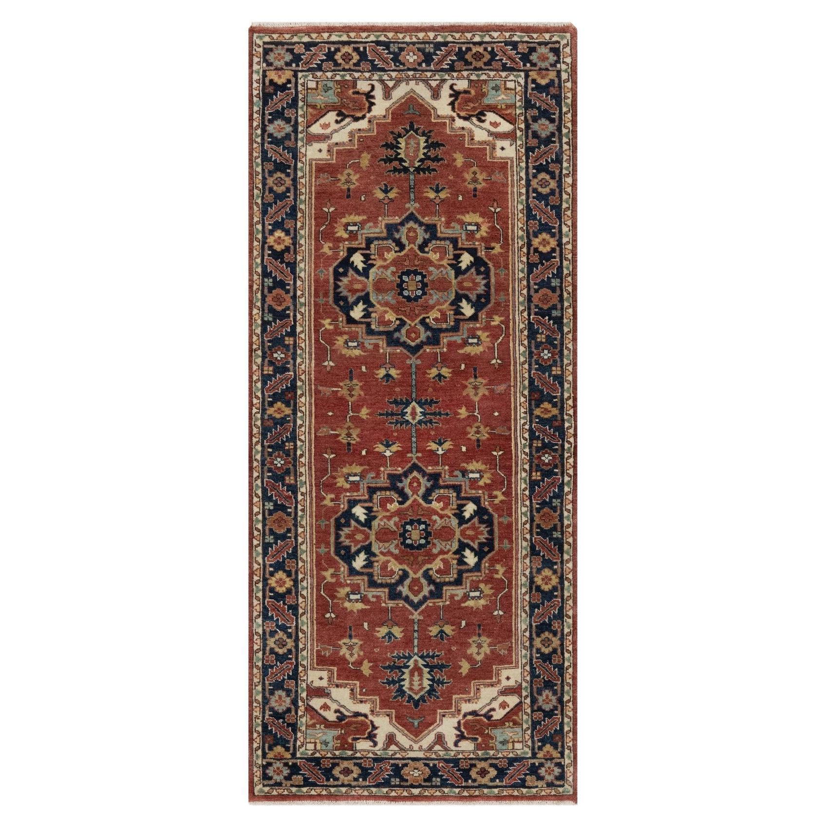 2'8"x6'3" Red Antiqued Fine Heriz Re-Creation Hand Knotted Soft Wool Runner Rug For Sale