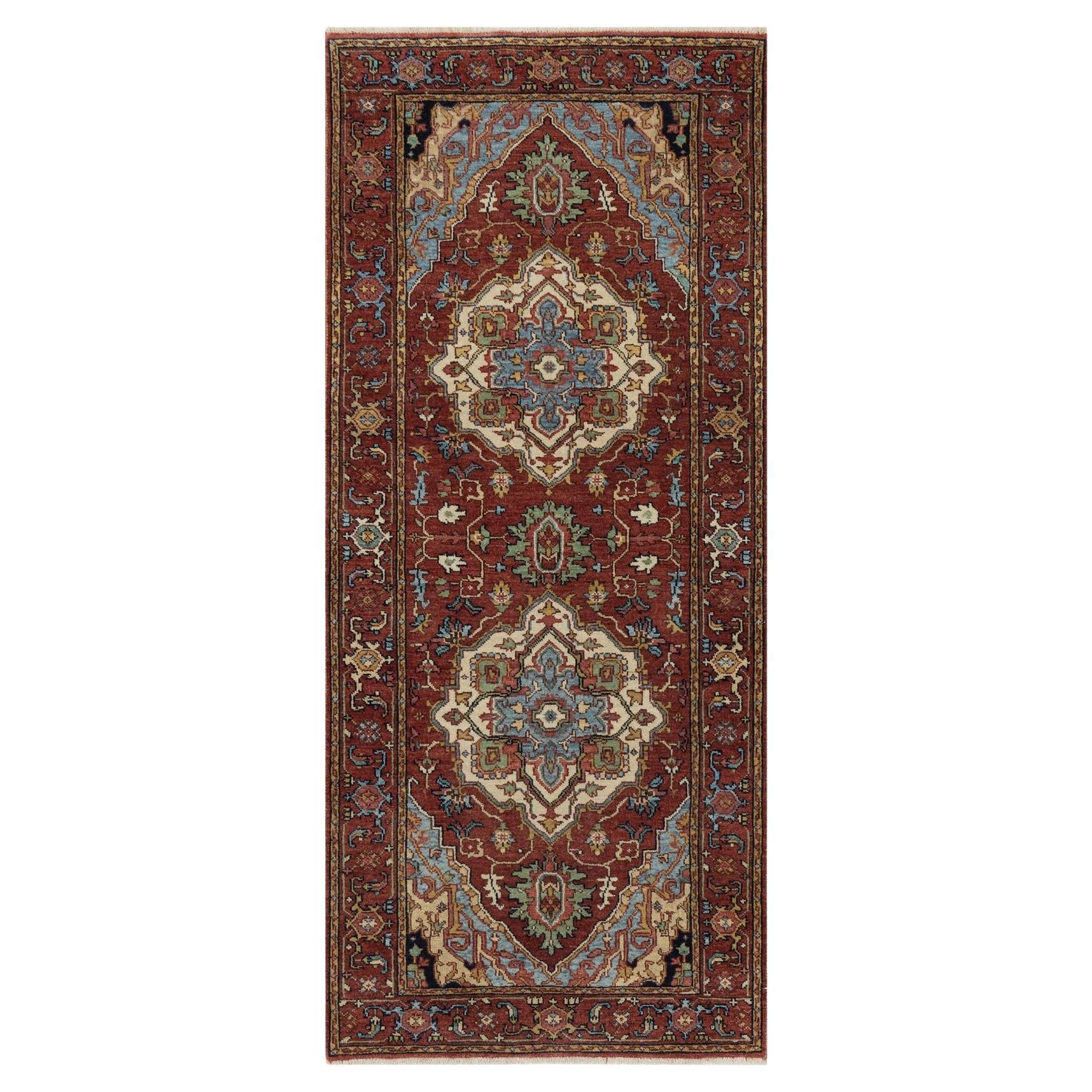 2
8"x6
3" Red Antiqued Fine Heriz Re-Creation Hand Knotted Soft Wool Runner Rug