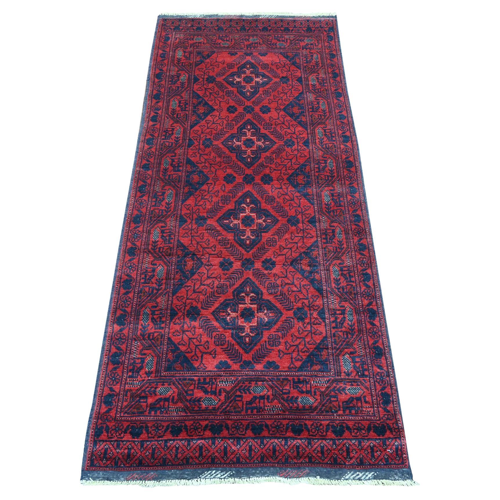 2'8 "x6'3" Rouge Tapis de course noué à la main Afghan Andkhoy à motif géométrique en pure laine