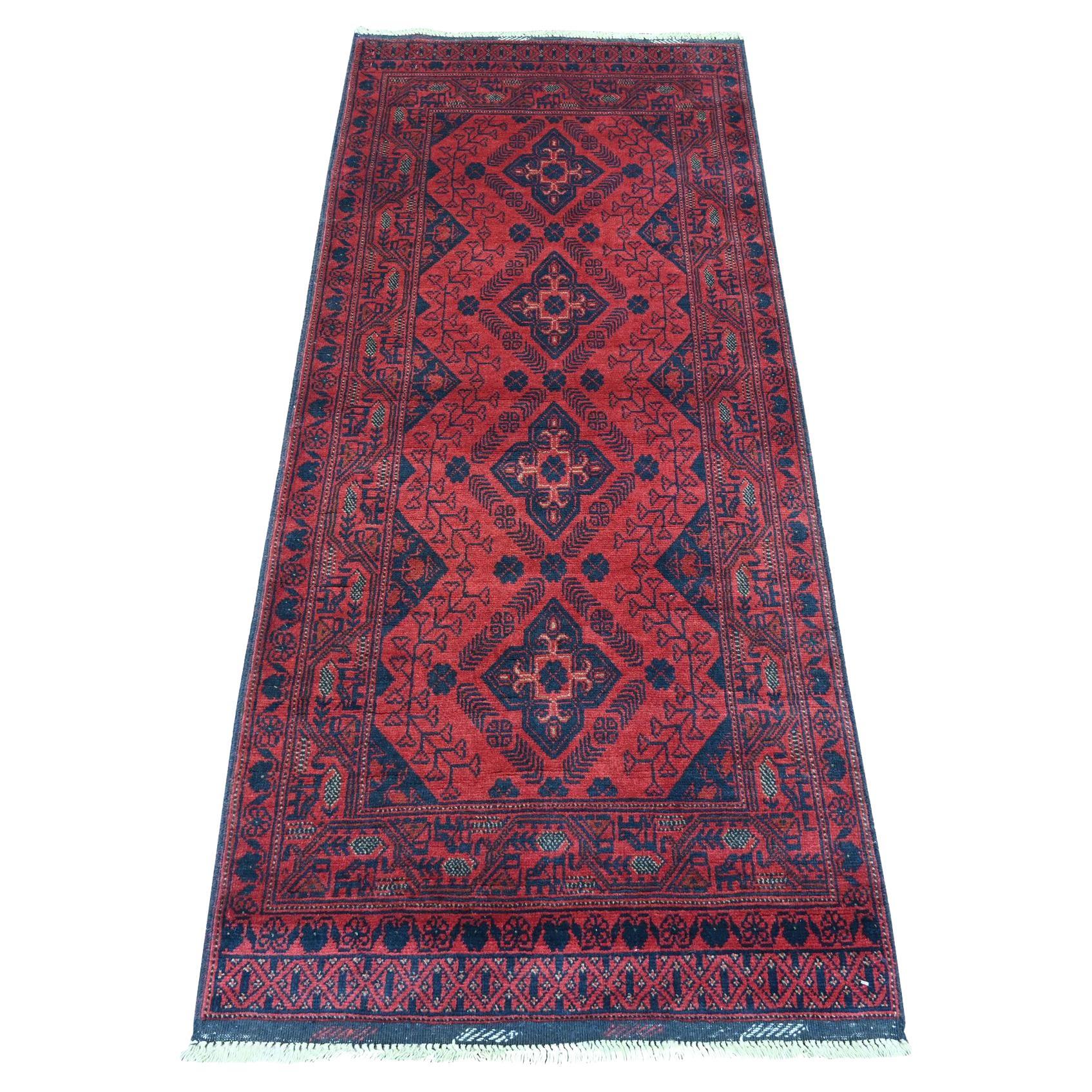 2
8 "x6
3" Ruby Red Afghan Andkhoy Tapis de course en laine à motifs géométriques noué à la main