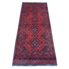 2'8"x6'3" Ruby Red Afghan Andkhoy Geometric Design Wool Hand Knotted Runner Rug