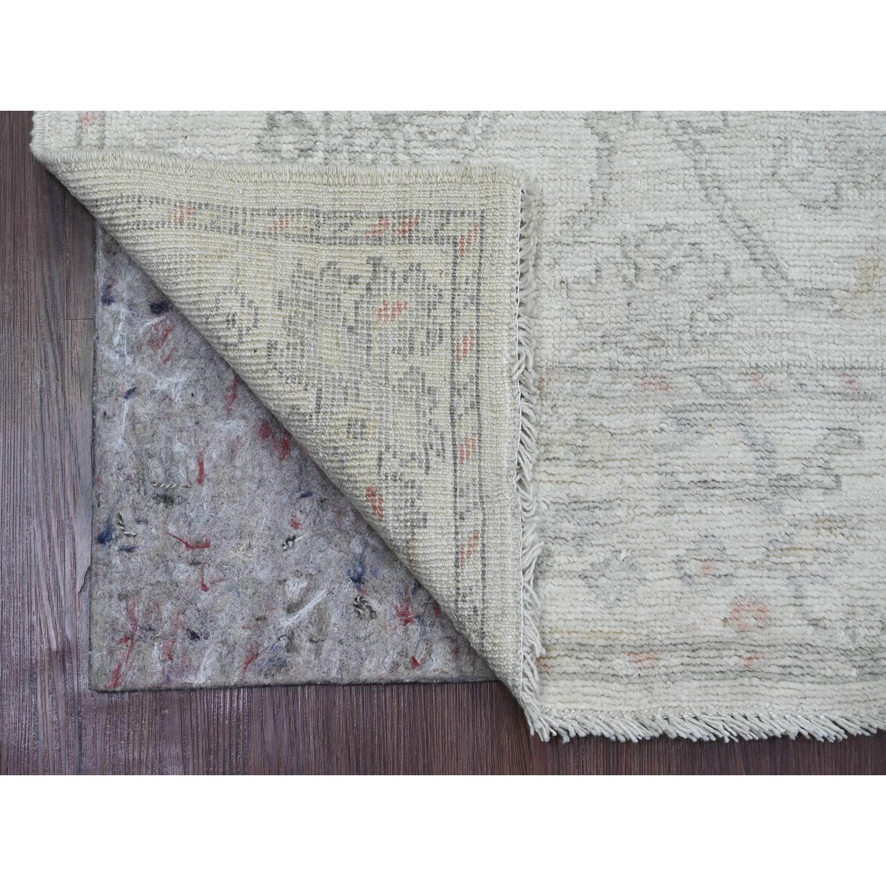 Snow White, Hand Knotted, Afghan Angora Oushak with All Over Vines Design, Veggie Dyes, 100% Wool, Runner, Oriental Rug
Primary materials: Wool
Latex: No Pile 
height: 0.25 Inches
Style: Transitional
Primary color: Ivory
Secondary colors: Yellow,