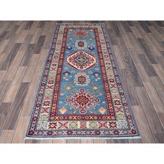 2'8"x6'4" Blue Kazak with Tribal Medallion Design Wool Hand Knotted Runner Rug