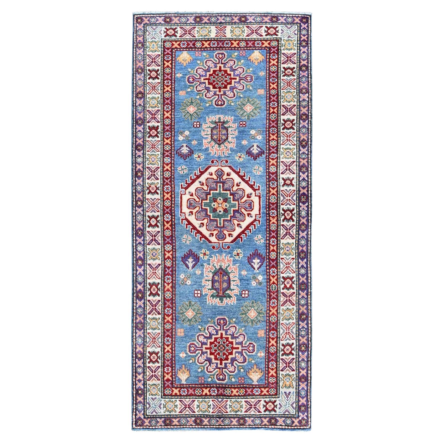 2'8"x6'4" Blue Kazak with Tribal Medallion Design Wool Hand Knotted Runner Rug