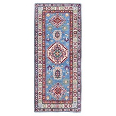 2'8"x6'4" Blue Kazak with Tribal Medallion Design Wool Hand Knotted Runner Rug