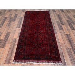 2'8"x6'4" Red Afghan Andkhoy with Tribal Motif Soft Wool Hand Knotted Runner Rug
