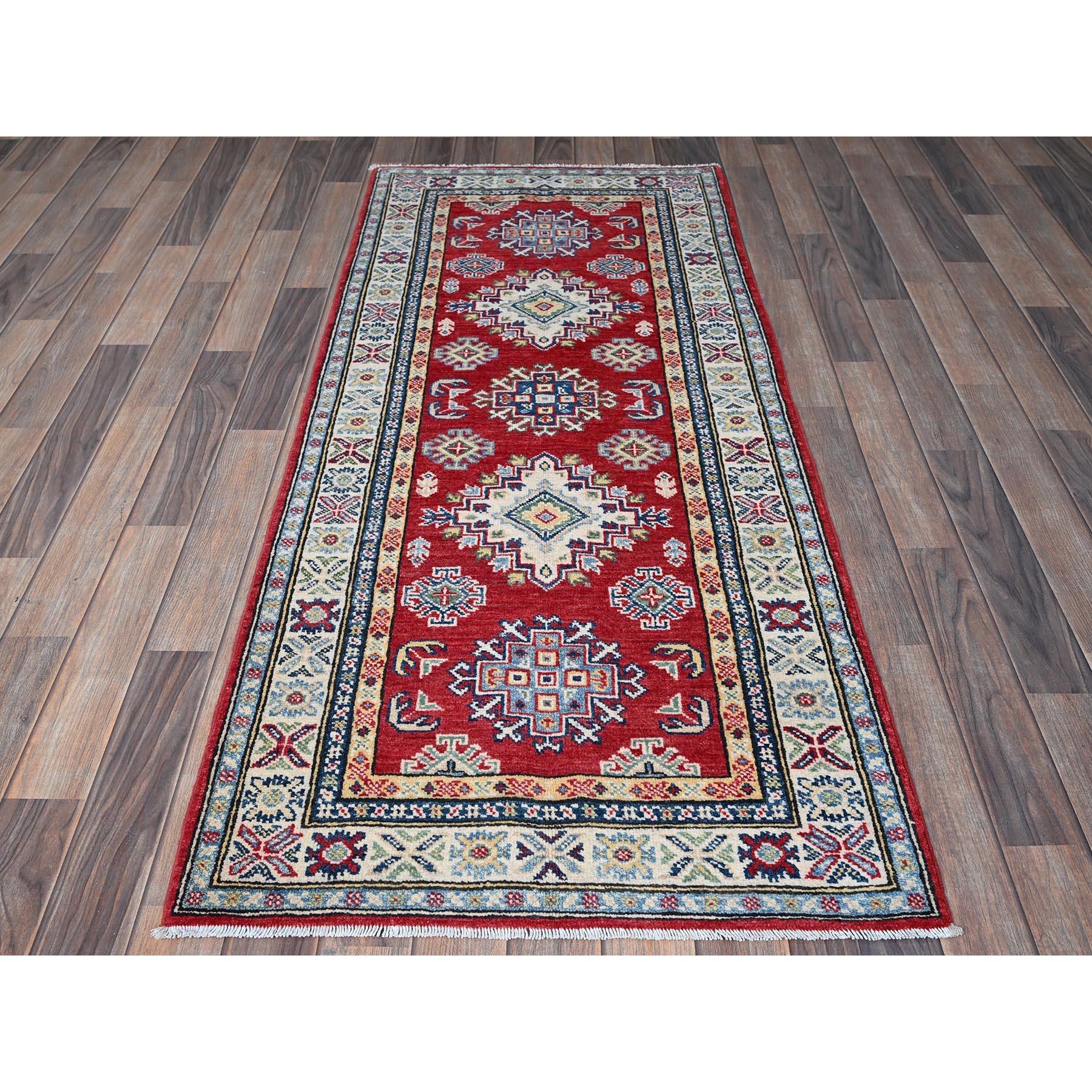 Berry Red, Kazak with Geometric Medallions Design, Hand Knotted, Soft and Velvety Wool, Vegetable Dyes, Denser Weave, Runner, Oriental Rug
Primary materials: Wool
Latex: No Pile 
height: 0.25 Inches
Style: Traditional
Primary color: Red
Secondary
