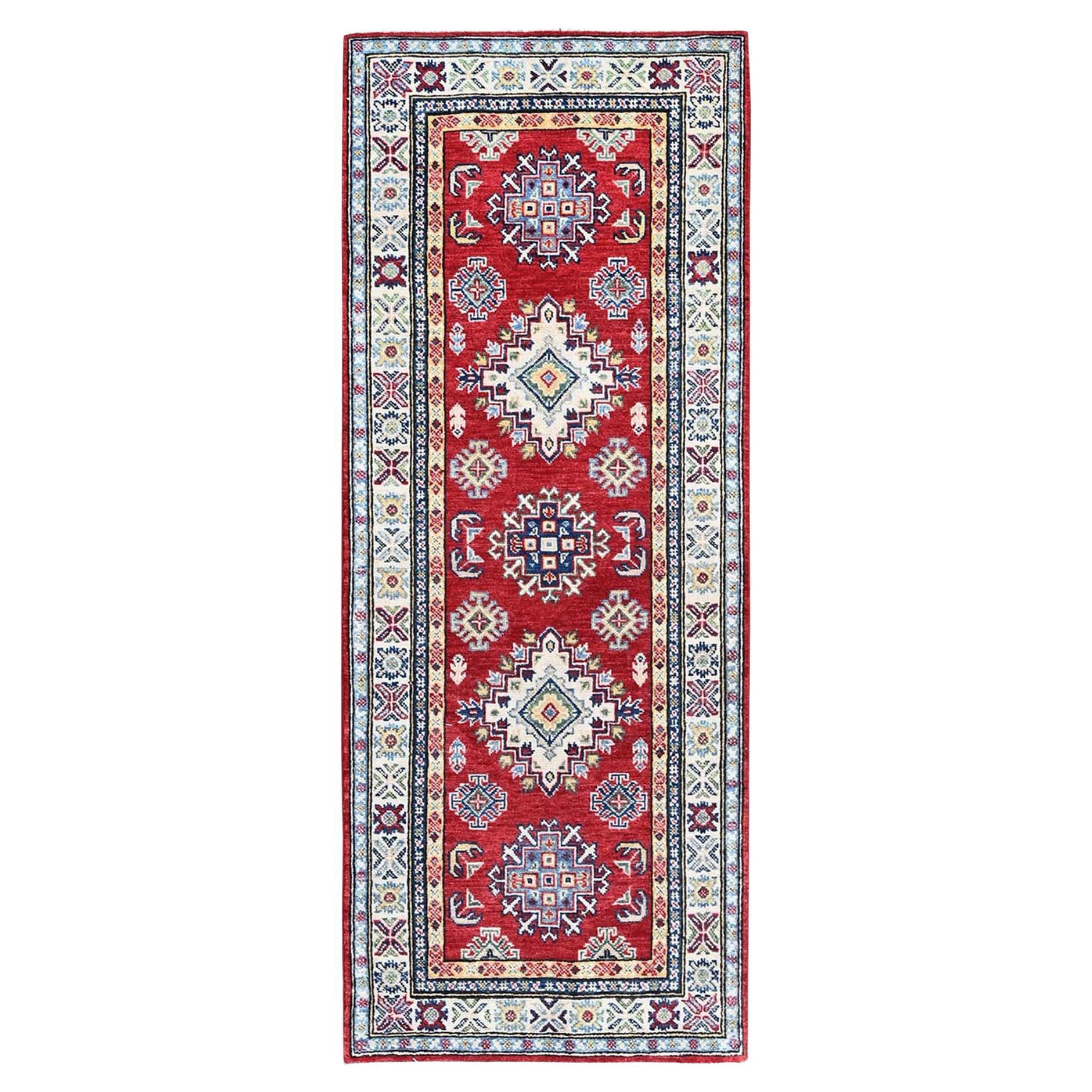 2
8"x6
4" Red Kazak Geometric Medallions Design Hand Knotted All Wool Runner Rug