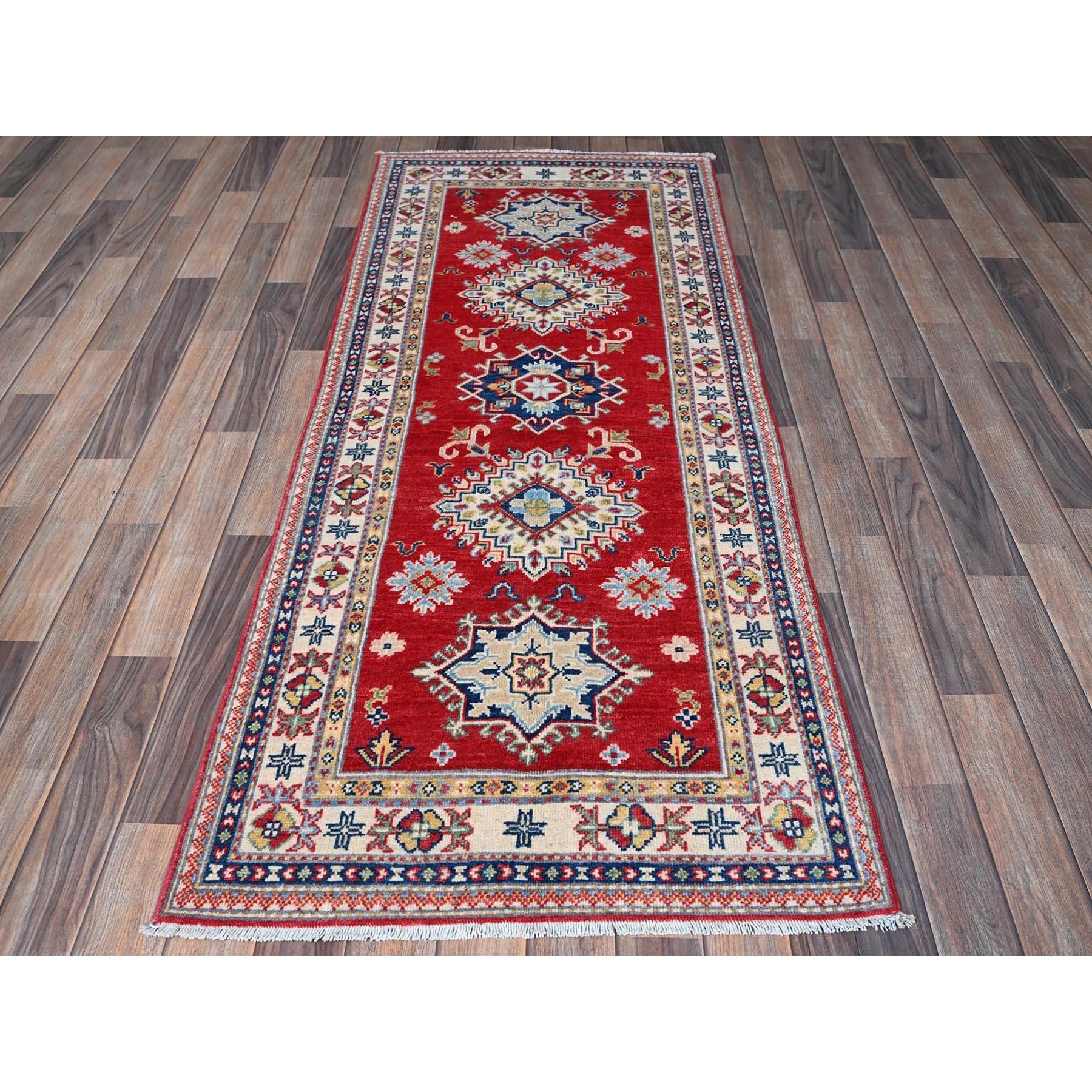 Berry Red, Kazak with Geometric Medallions Design, Hand Knotted, Soft and Velvety Wool, Vegetable Dyes, Denser Weave, Runner, Oriental Rug
Primary materials: Wool
Latex: No Pile 
height: 0.25 Inches
Style: Traditional
Primary color: Red
Secondary