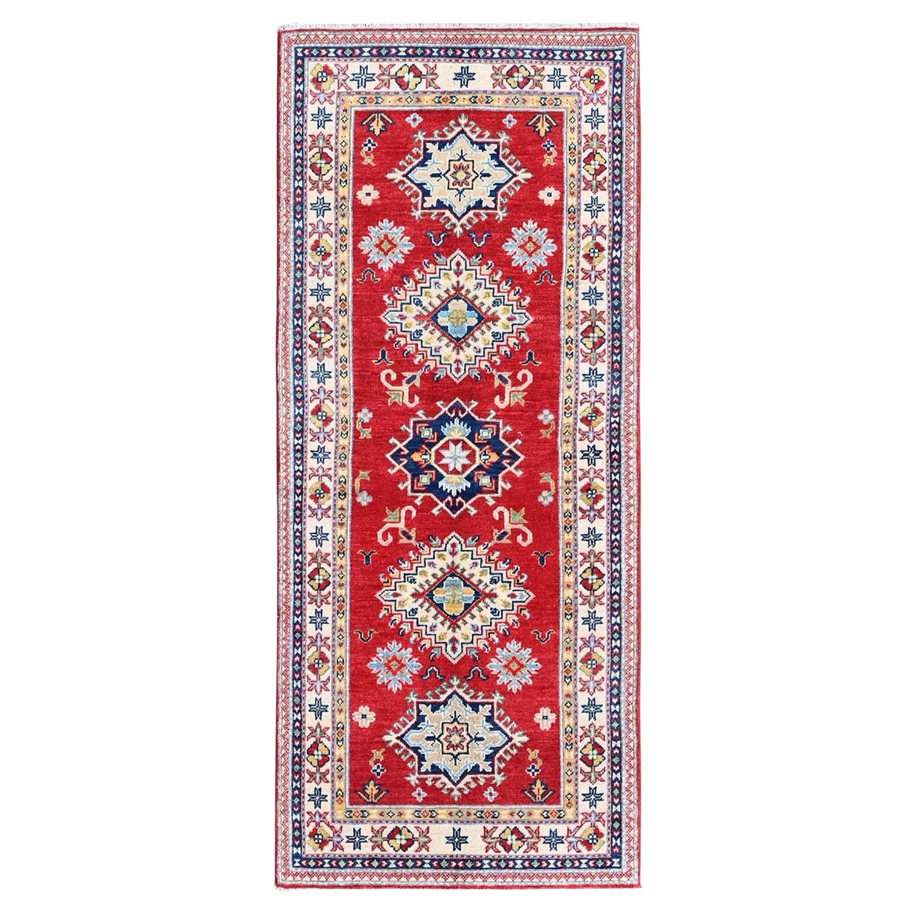 2
8"x6
5" Red Kazak with Geometric Medallion Design Hand Knotted Wool Runner Rug
