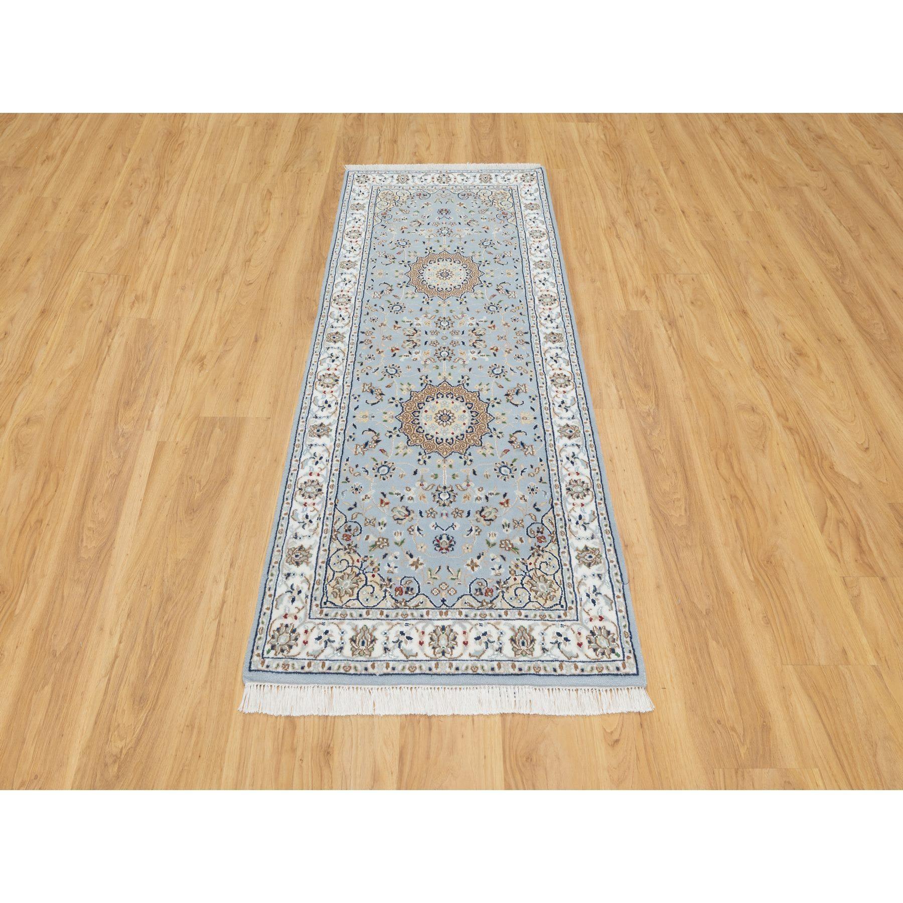 Beau Blue, Nain with Large Center Medallion, 250 KPSI, Hand Knotted, Wool and Silk, Runner, Oriental Rug
Primary materials: Wool & Silk
Latex: No Pile 
height: 0.25 Inches
Style: Traditional
Primary color: Blue
Secondary colors: Green, Brown, White,