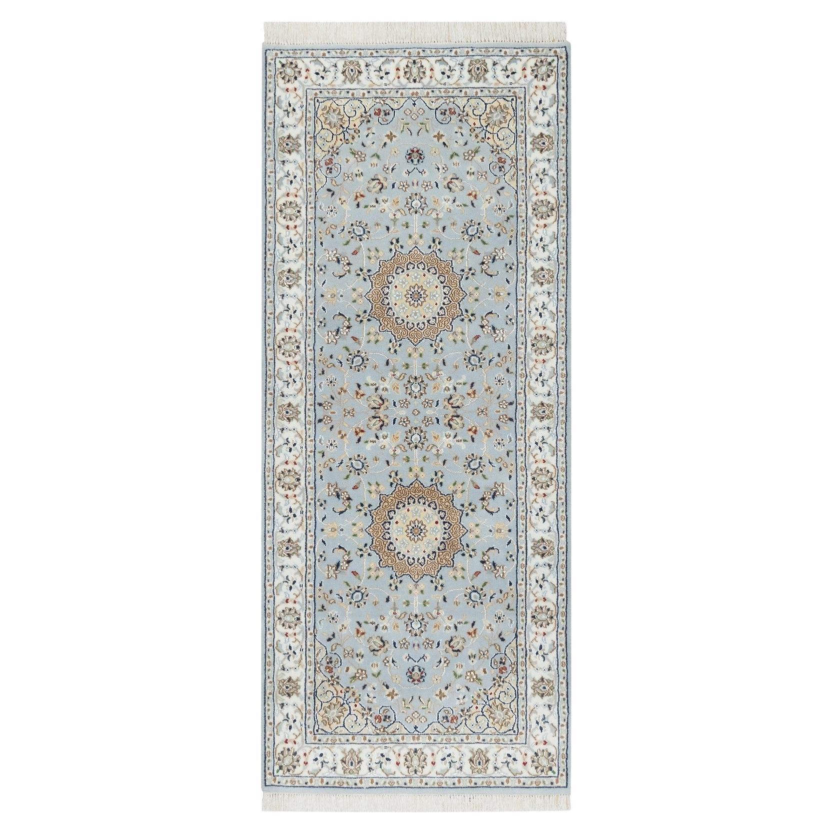 2'8"x6'6" Beau Blue, Nain Design, 250 KPSI Hand Knotted Wool and Silk Runner Rug