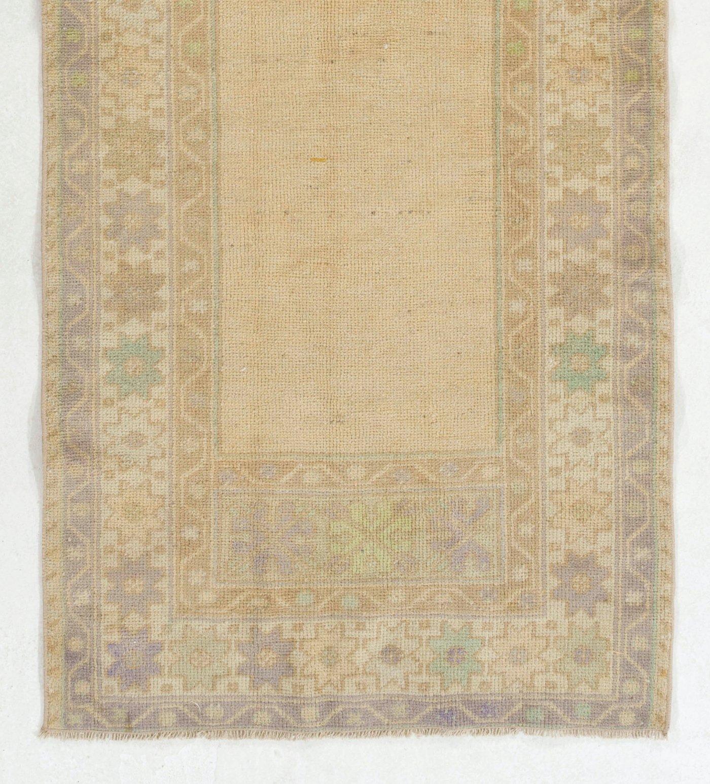 Oushak 2.8x6.6 Ft Faded Turkish Prayer Rug, Vintage Handmade Accent Rug. Beige Door Mat For Sale