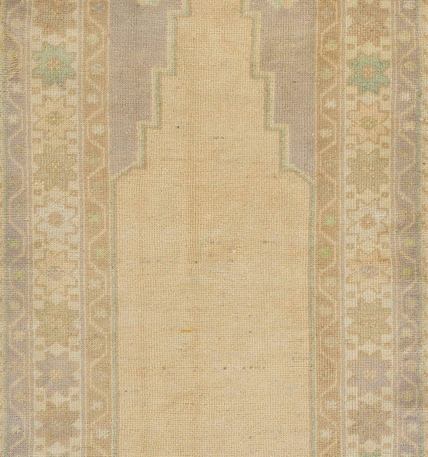 Hand-Knotted 2.8x6.6 Ft Faded Turkish Prayer Rug, Vintage Handmade Accent Rug. Beige Door Mat For Sale
