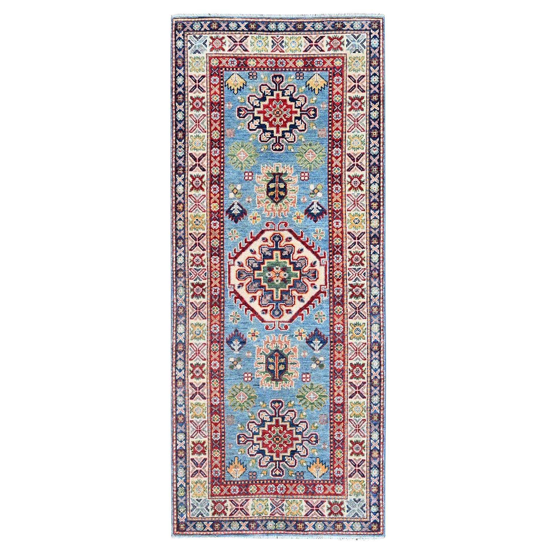 2'8"x6'6" Ruddy Blue Kazak with Tribal Design Soft Wool Hand Knotted Runner Rug