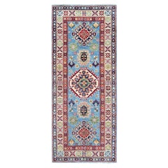 2'8"x6'6" Ruddy Blue Kazak with Tribal Design Soft Wool Hand Knotted Runner Rug