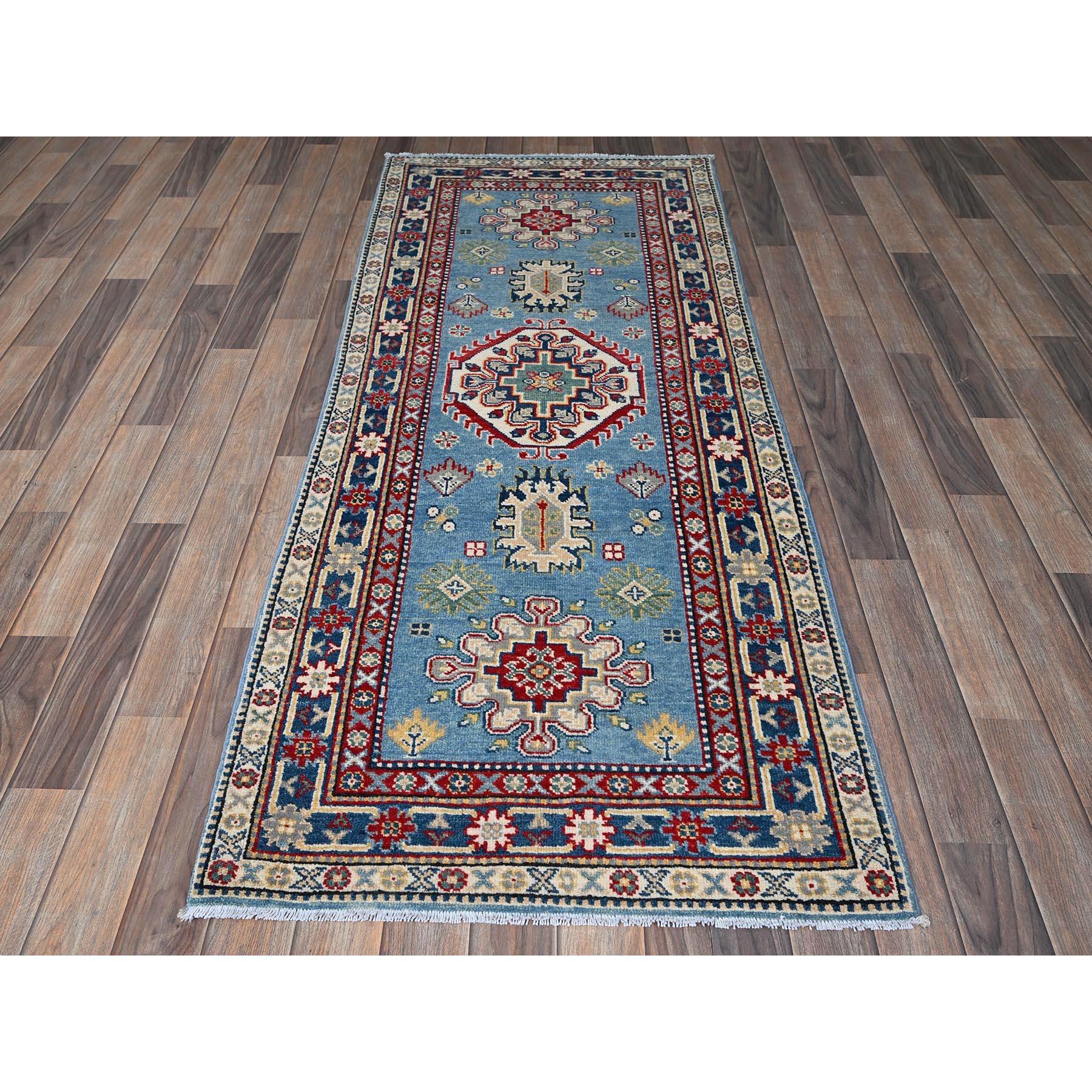 Carolina Blue, Kazak with Tribal Medallion Design, Hand Knotted, Soft and Velvety Wool, Vegetable Dyes, Denser Weave, Runner, Oriental Rug
Primary materials: Wool
Latex: No Pile 
height: 0.25 Inches
Style: Traditional
Primary color: Blue
Secondary
