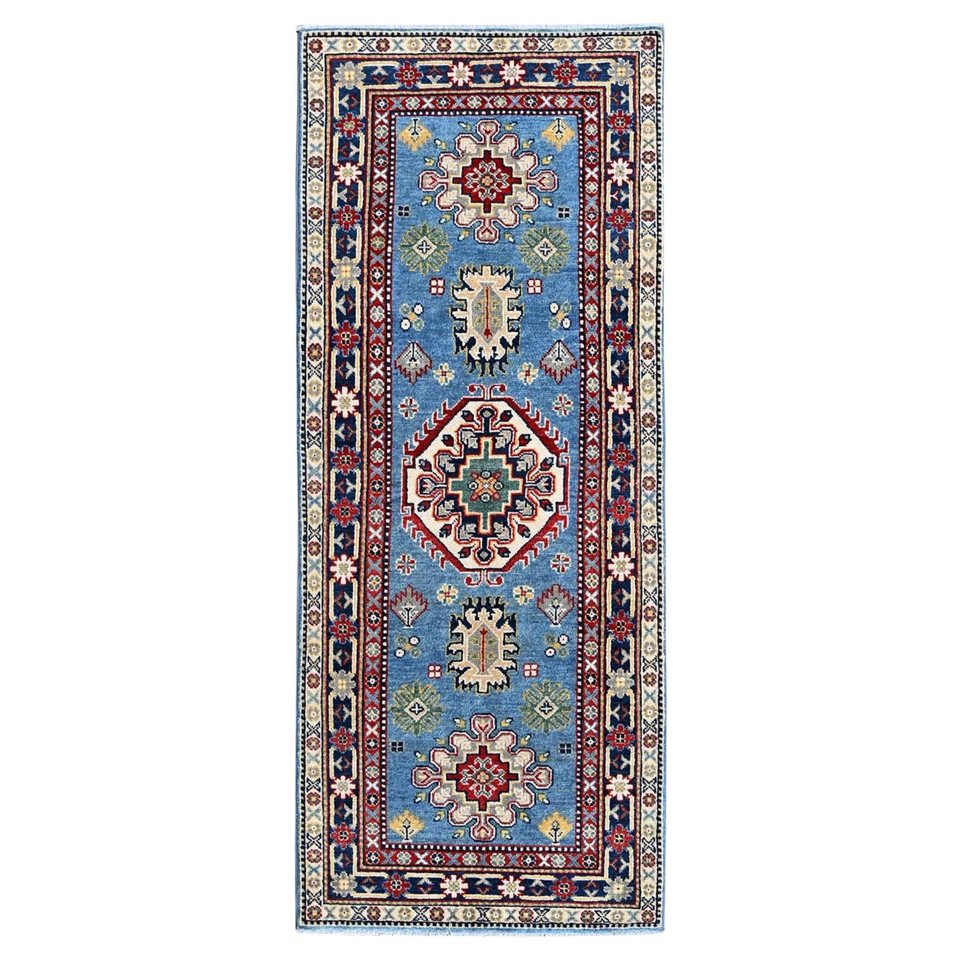 2
8"x6
8" Blue Kazak with Tribal Medallion Design Hand Knotted Wool Runner Rug