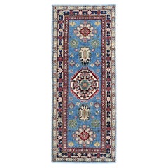 2
8"x6
8" Blue Kazak with Tribal Medallion Design Hand Knotted Wool Runner Rug