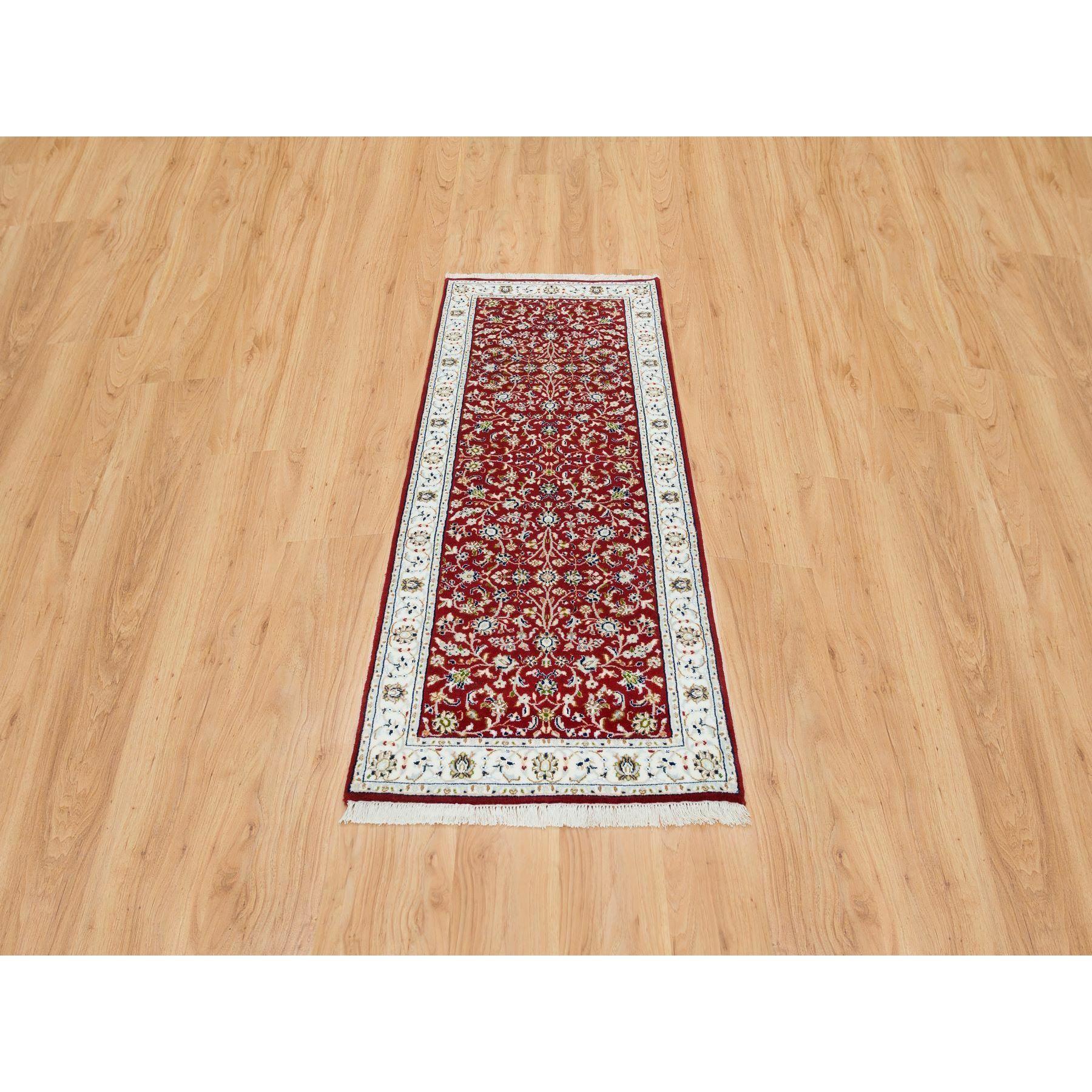 Cherry Red, 250 KPSI Pure Wool, Hand Knotted Nain with All Over Flower Design, Runner Oriental Rug
Primary materials: Wool
Latex: No Pile 
height: 0.25 Inches
Style: Traditional
Primary color: Red
Secondary colors: Green, Black, Light Gray, Brown,