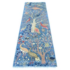 2'8"x7'10" Blue Peshawar Birds of Paradise Design Hand Knotted Wool Runner Rug