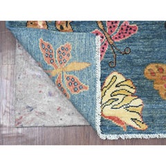 2'8"x7'10" Blue Peshawar Colorful Butterfly Design Wool Hand Knotted Runner Rug