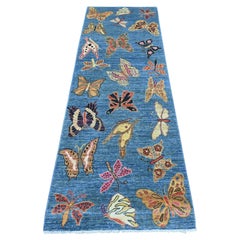 2'8"x7'10" Blue Peshawar Colorful Butterfly Design Wool Hand Knotted Runner Rug
