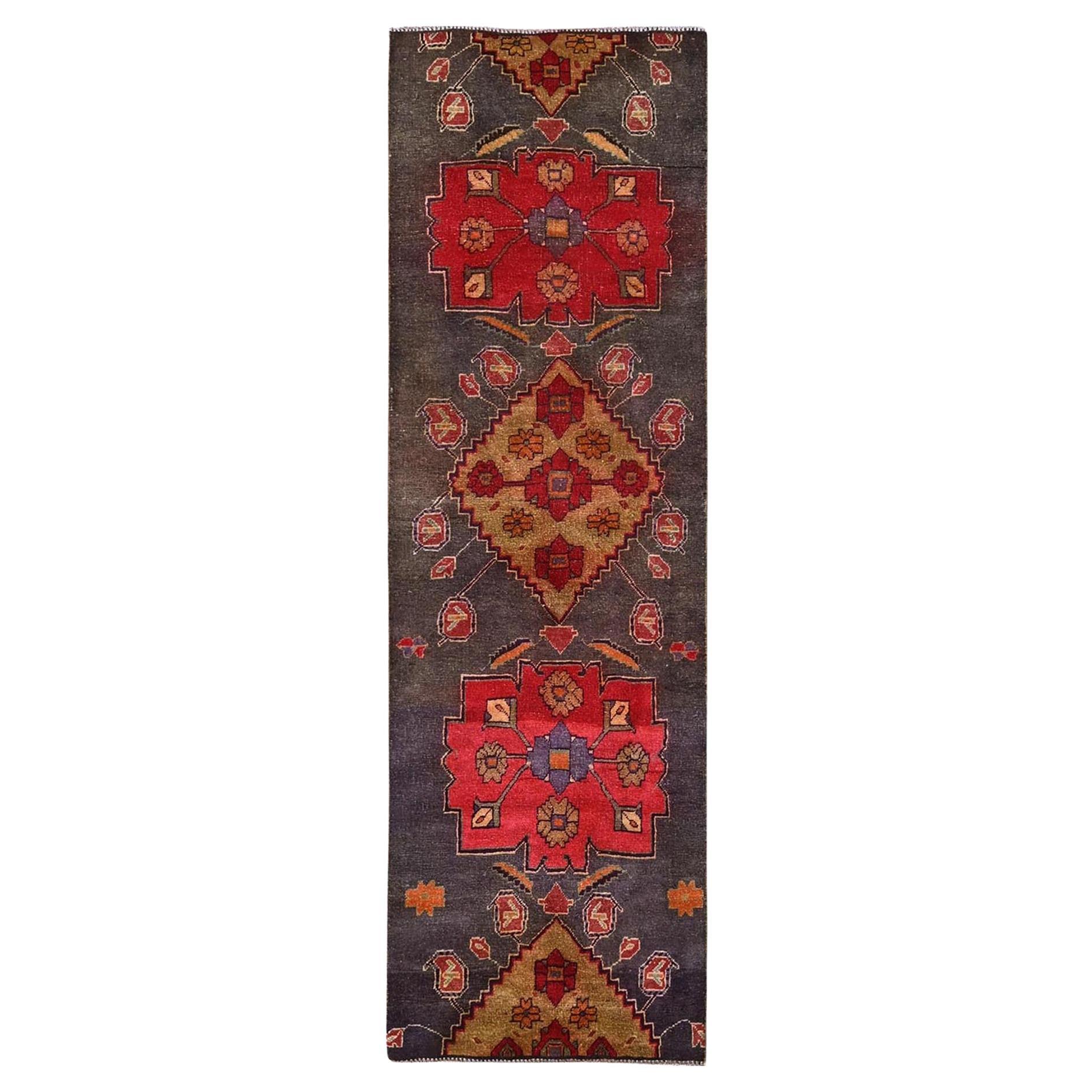 2'8 "x7'10" Gris Grafito Vintage Persa Hamadan Alfombra de Lana Anudada a Mano para Correr