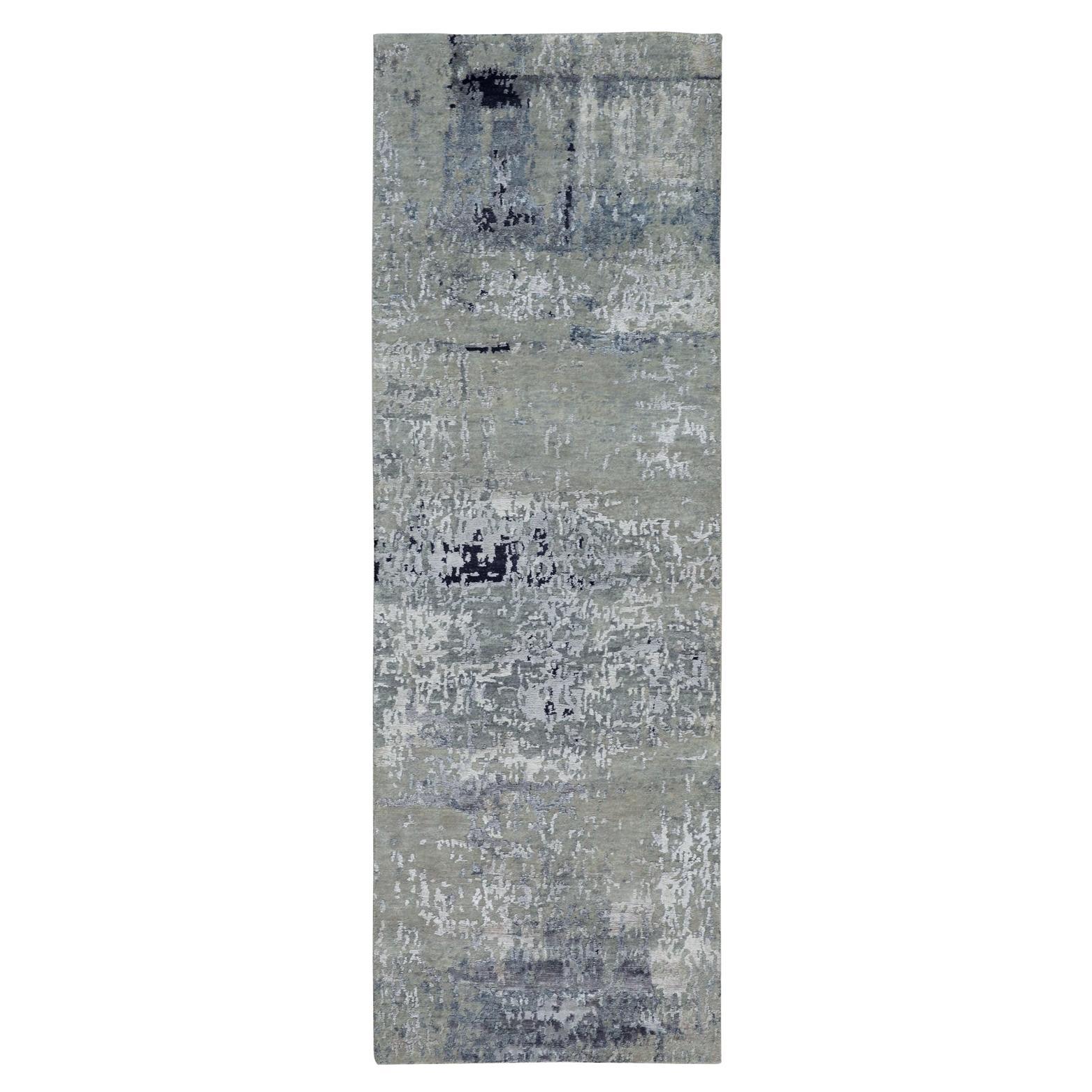 2'8"x7'10" Hand Knotted Silver Blue Wool And Silk Modern Abstract Design Rug