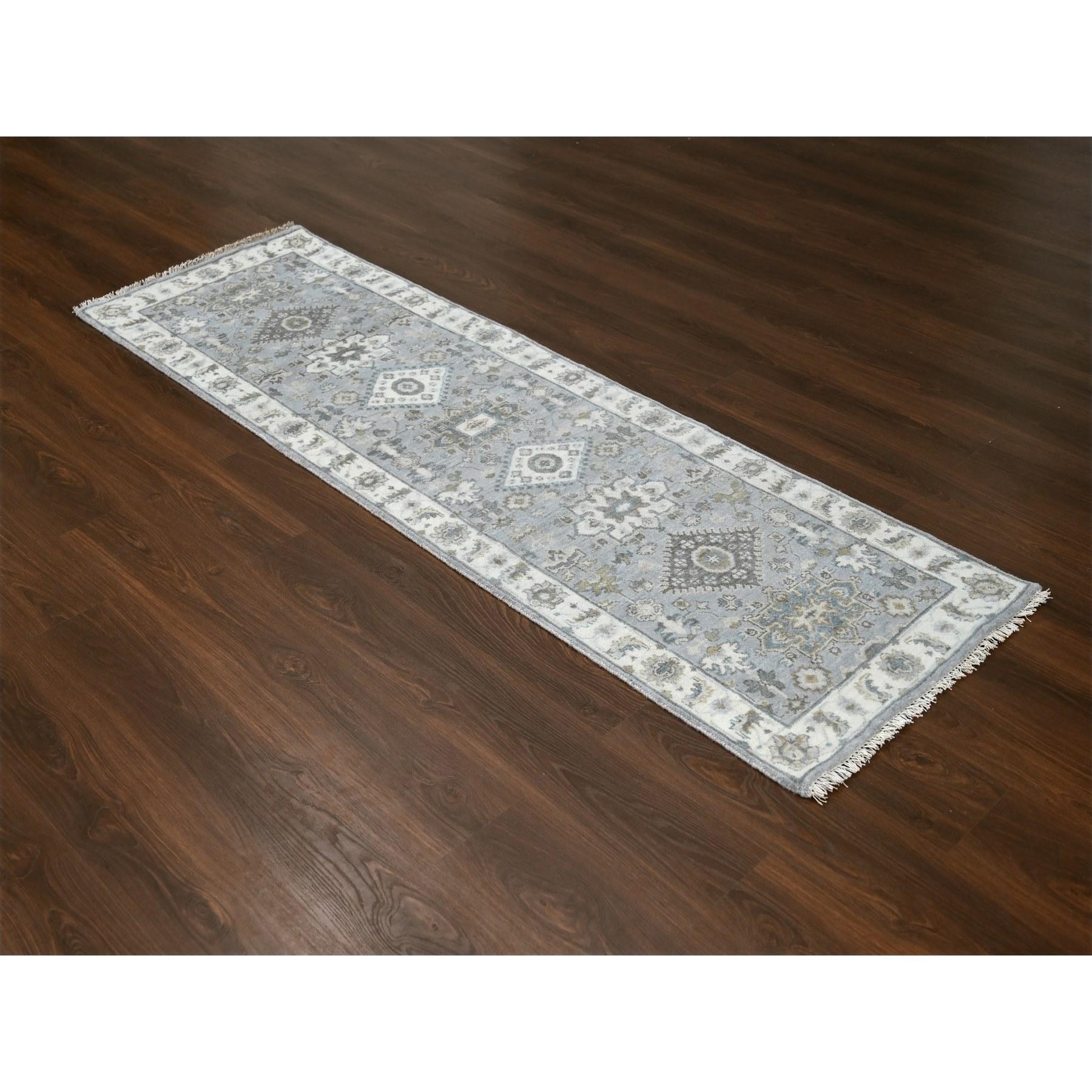 Medium Gray, Karajeh and Geometric Design, 100% Wool, Hand Knotted, Runner Oriental Rug
Primary materials: Wool
Latex: No Pile 
height: 0.25 Inches
Style: Traditional
Primary color: Grey
Secondary colors: Brown, Beige, Gold, Blue
Pattern: Oriental