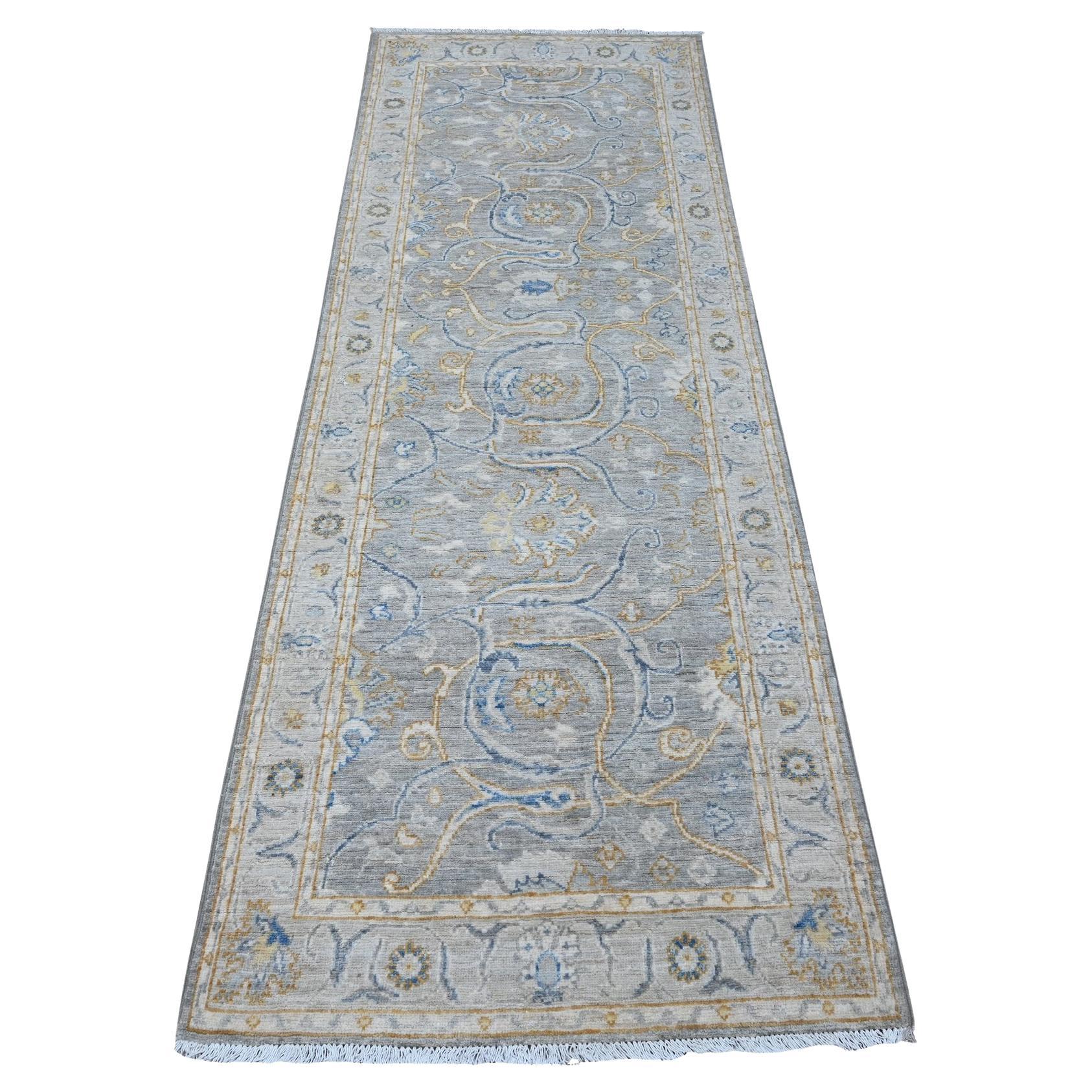 2'8"x7'10" Pail Gray Peshawar All Over Design Hand Knotted Runner Oriental Rug For Sale