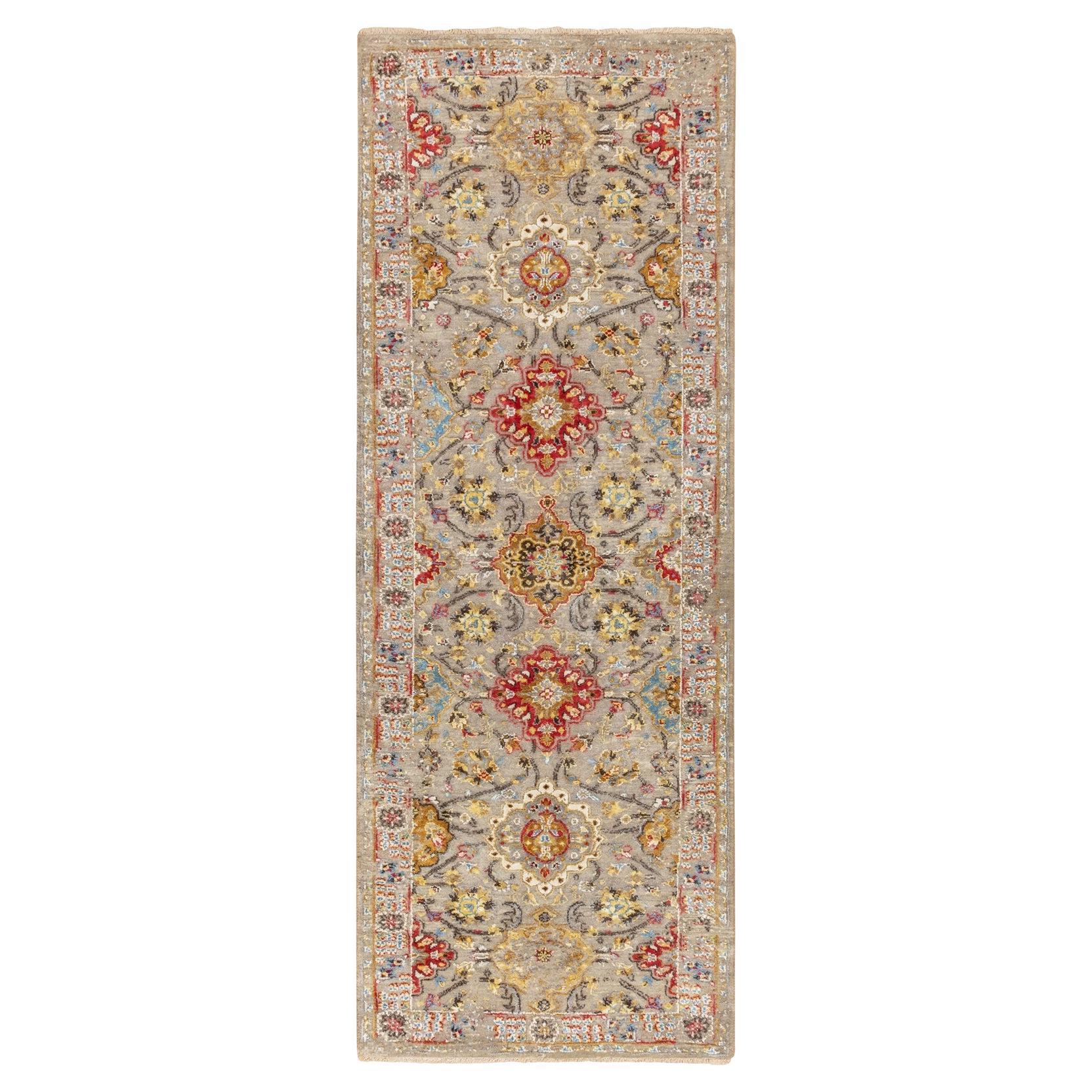 2'8"x7'10" THE SUNSET ROSETTES Wool And Pure Silk Runner Hand Knotted Rug For Sale