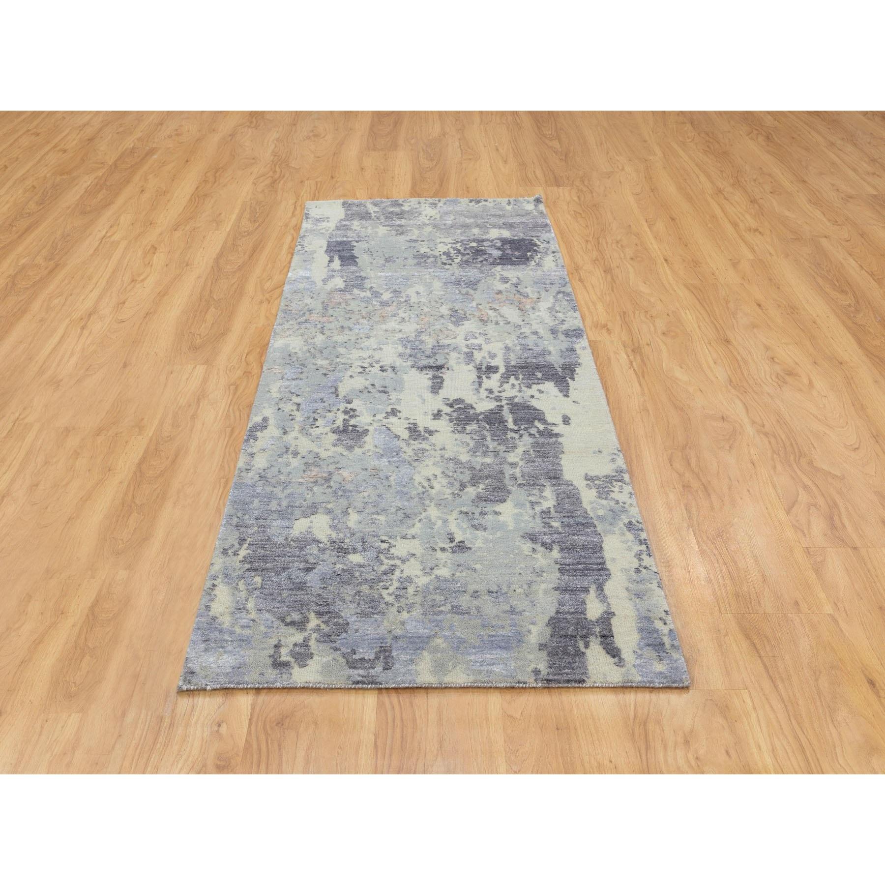 This is a truly genuine one-of-a-kind Gray Thick and Plush Abstract Design Hand Knotted Runner Wool and Silk Oriental Rug. It has been woven for months and months in the centuries-old Persian weaving craftsmanship techniques by expert