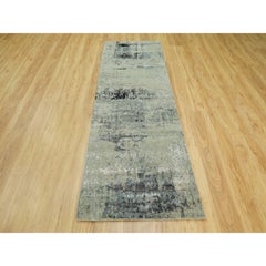2'8"x7'10" Wool & Silk Light Blue Modern Abstract Design Hand Knotted Runner Rug