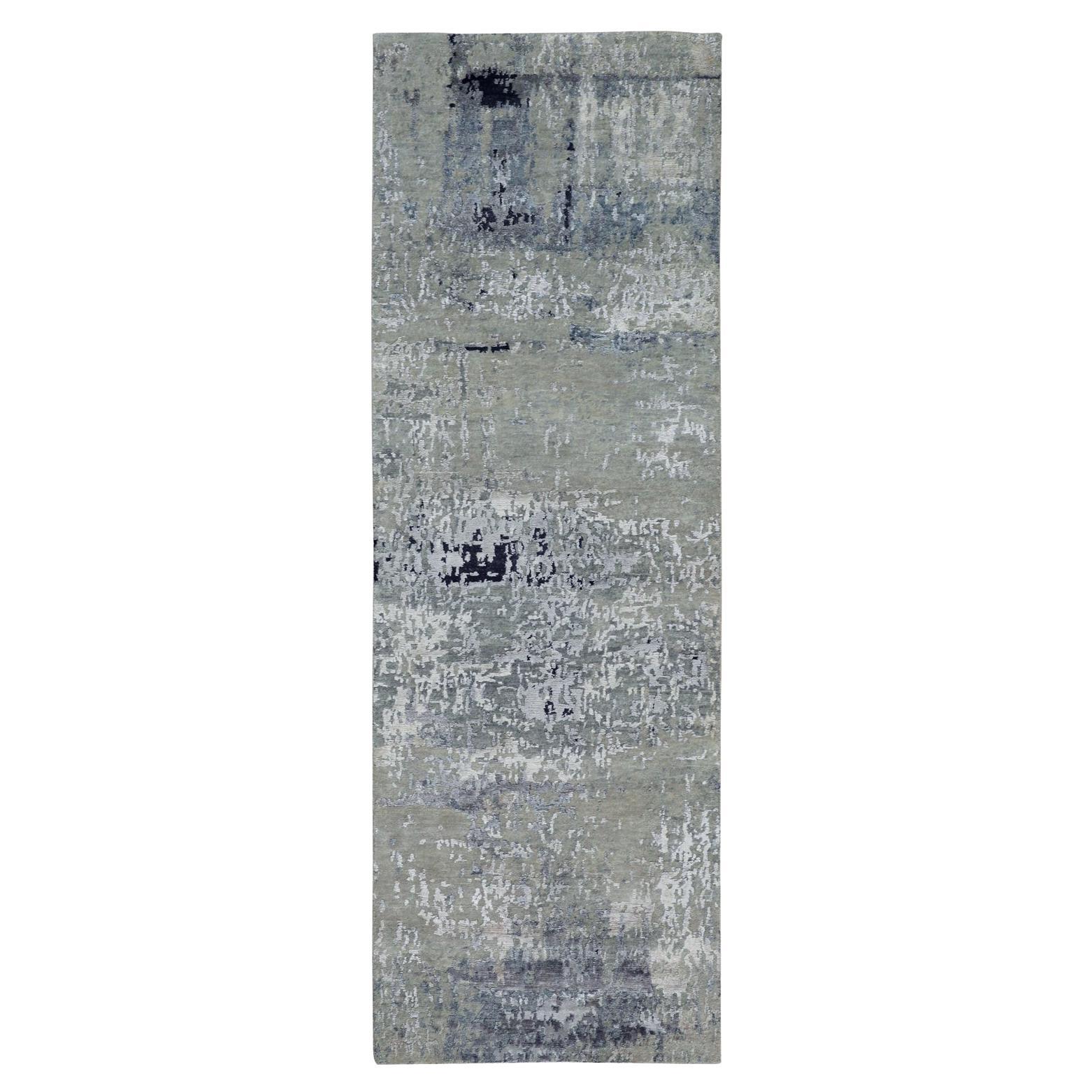 2'8 "x7'10" Lana e Seta Azzurro Moderno Design Astratto annodato a mano Runner Rugs