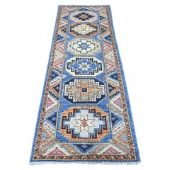 2'8"x7'4" Blue Hand Knotted Afghan Ersari Elephant Feet Design Wool Runner Rug