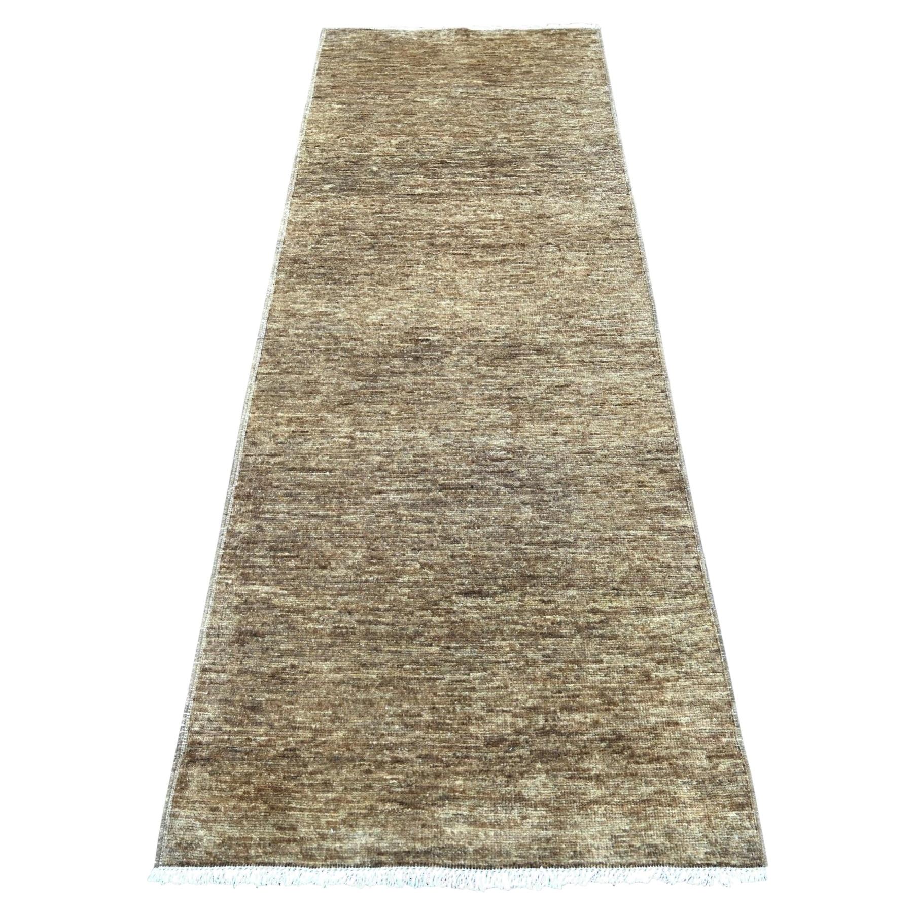 2'8"x7'4" Brown Plain Solid Pattern Hand Knotted Ghazni Wool Runner Oriental Rug