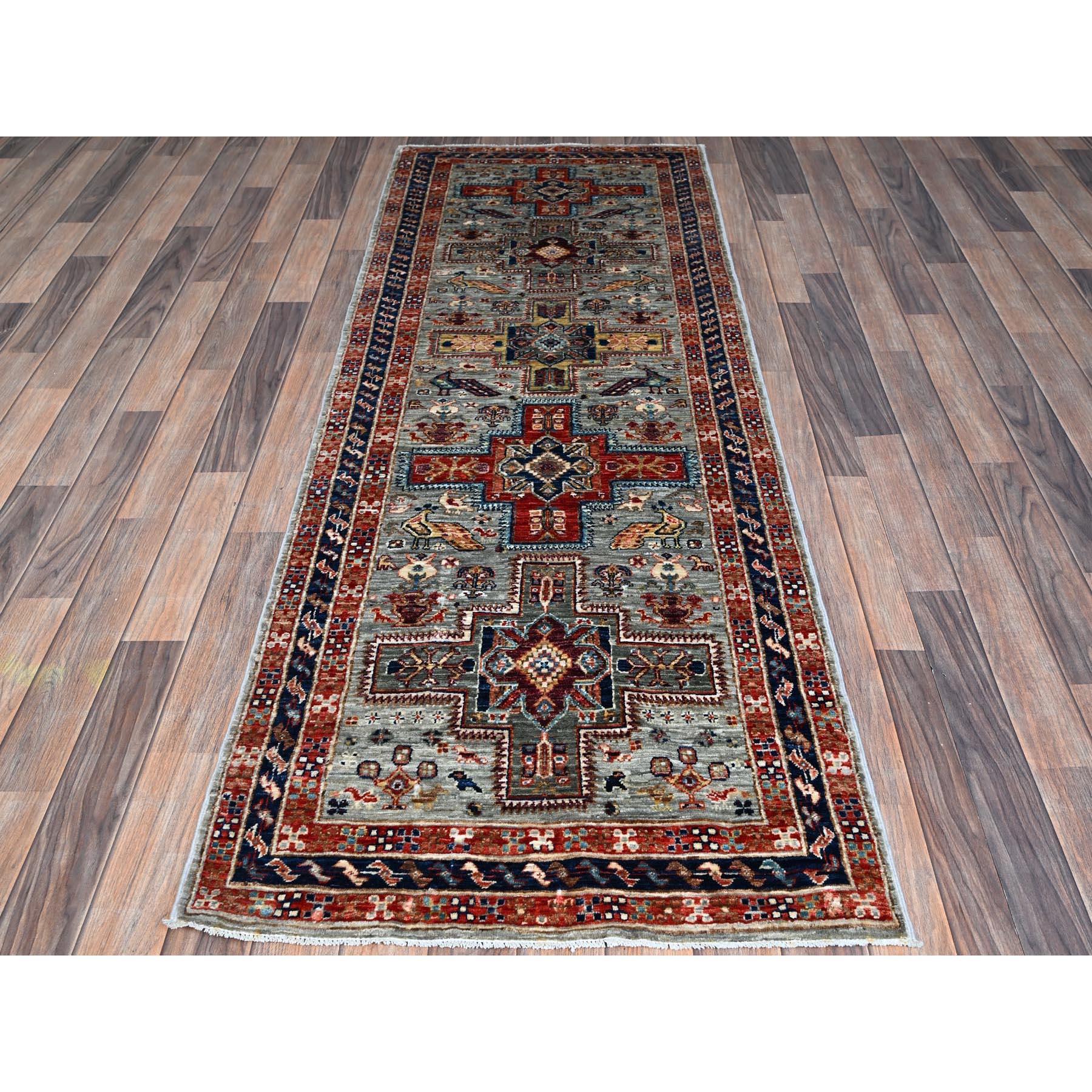 Mirage Gray, Armenian Inspired Caucasian Design with Bird Figurines, Hand Knotted, Super Fine Wool, 200 KPSI, Denser Weave, Vegetable Dyes, Runner, Oriental Rug
Primary materials: Wool
Latex: No Pile 
height: 0.25 Inches
Style: Traditional
Primary