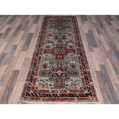2'8"x7'5" Gray Armenian Inspired Caucasian Design Hand Knotted Wool Runner Rug