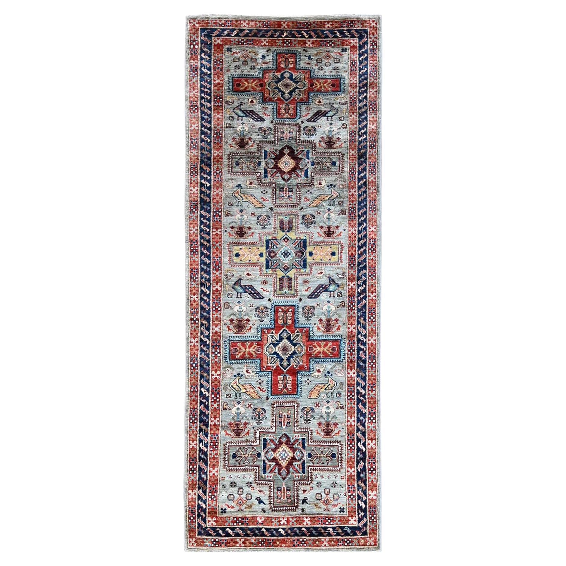 2
8"x7
5" Gray Armenian Inspired Caucasian Design Hand Knotted Wool Runner Rug