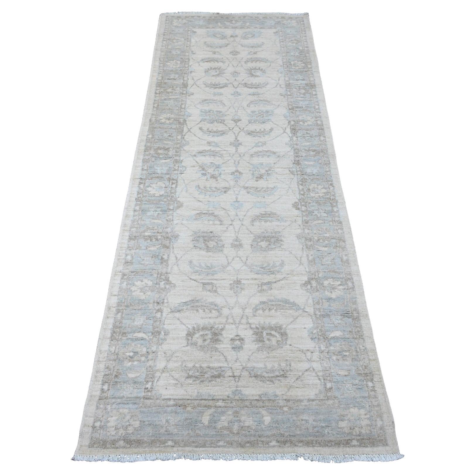 2'8"x7'6" Alabaster White Pure Wool Hand Knotted Washed Out Peshawar Runner Rug