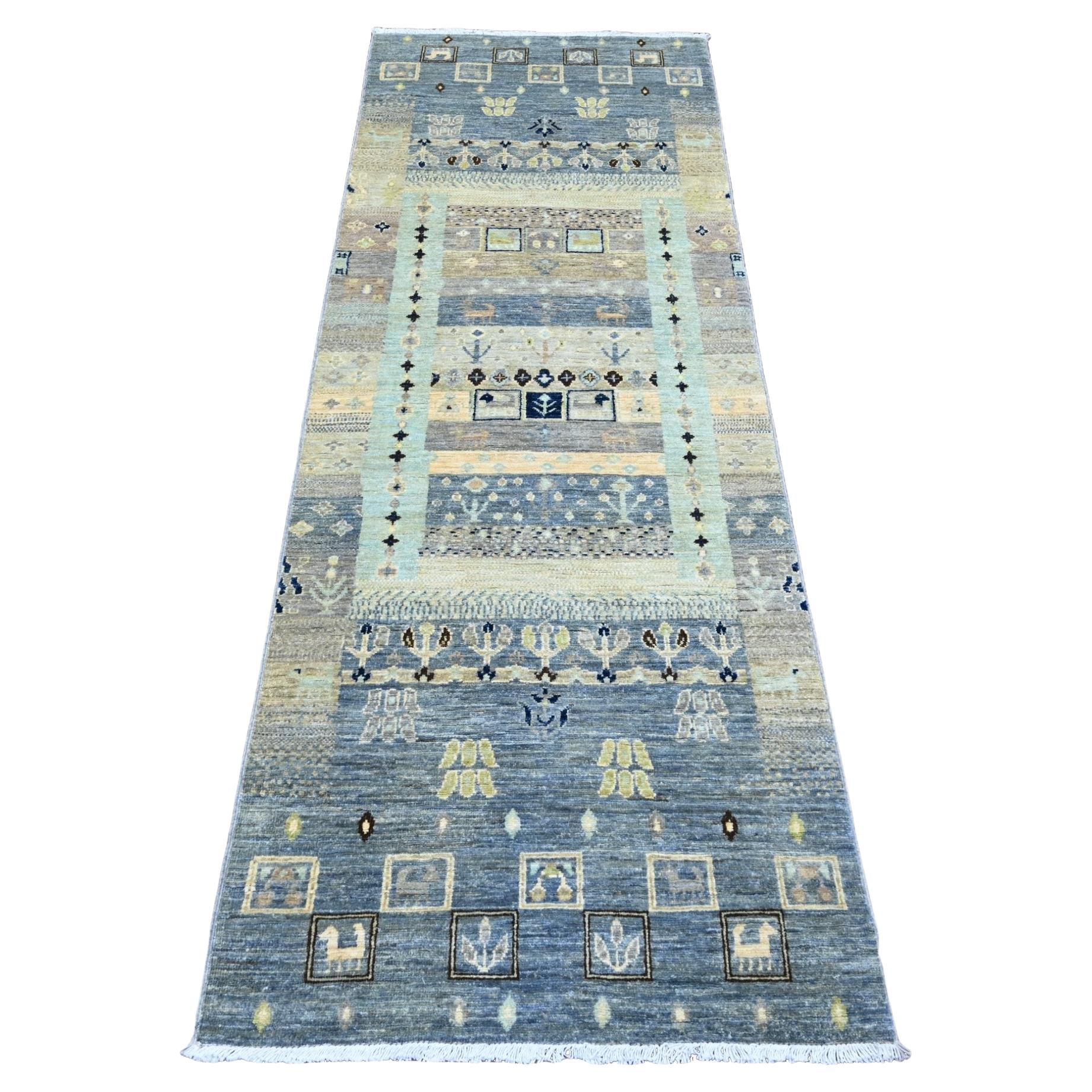 2'8 "x7'7" Grigio con Avorio Annodato a mano Fine Kashkuli Gabbeh Tappeto Runner in Lana Morbida