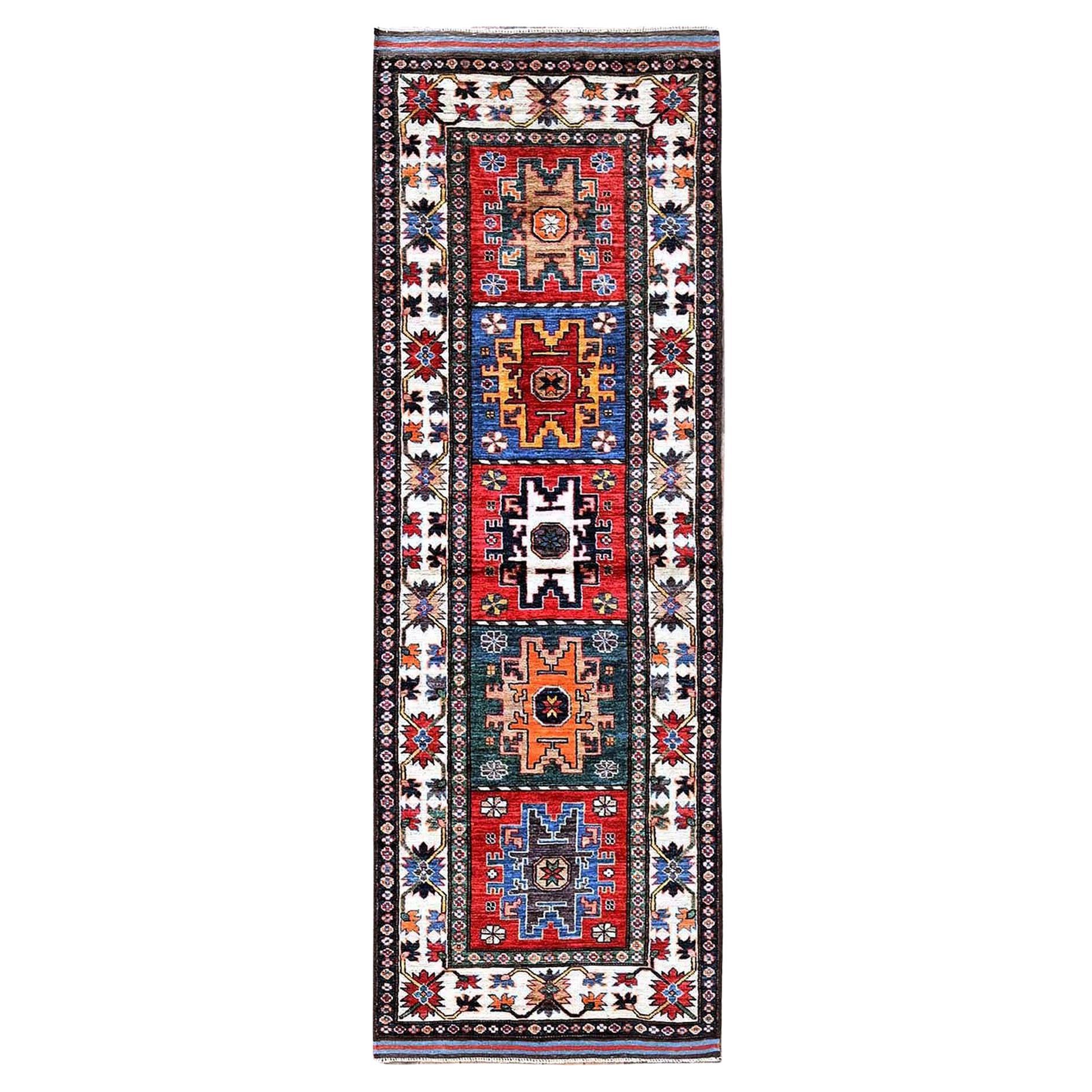 2
8 "x7
7" Rot Afghanisch Kaukasisch Design Revival Hand geknüpft weiche Wolle Läufer Teppich im Angebot