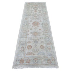2'8"x7'7" White Afghan Angora Oushak Hand Knotted Pure Wool Runner Oriental Rug