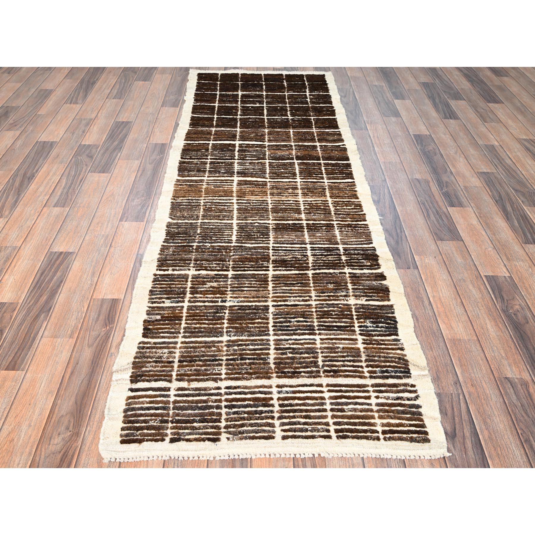 Tiramisu Brown, Moroccan Weave with Grid Design, Textured Pile, Tone on Tone, Undyed Natural Wool, Hand Knotted, Runner, Oriental Rug
Primary materials: Wool
Latex: No Pile 
height: 0.25 Inches
Style: Contemporary
Primary color: Brown
Secondary