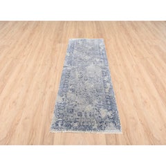 2'8"x7'8" Hand Knotted Gray Broken Kashan Design Wool with Pure Silk Runner Rug