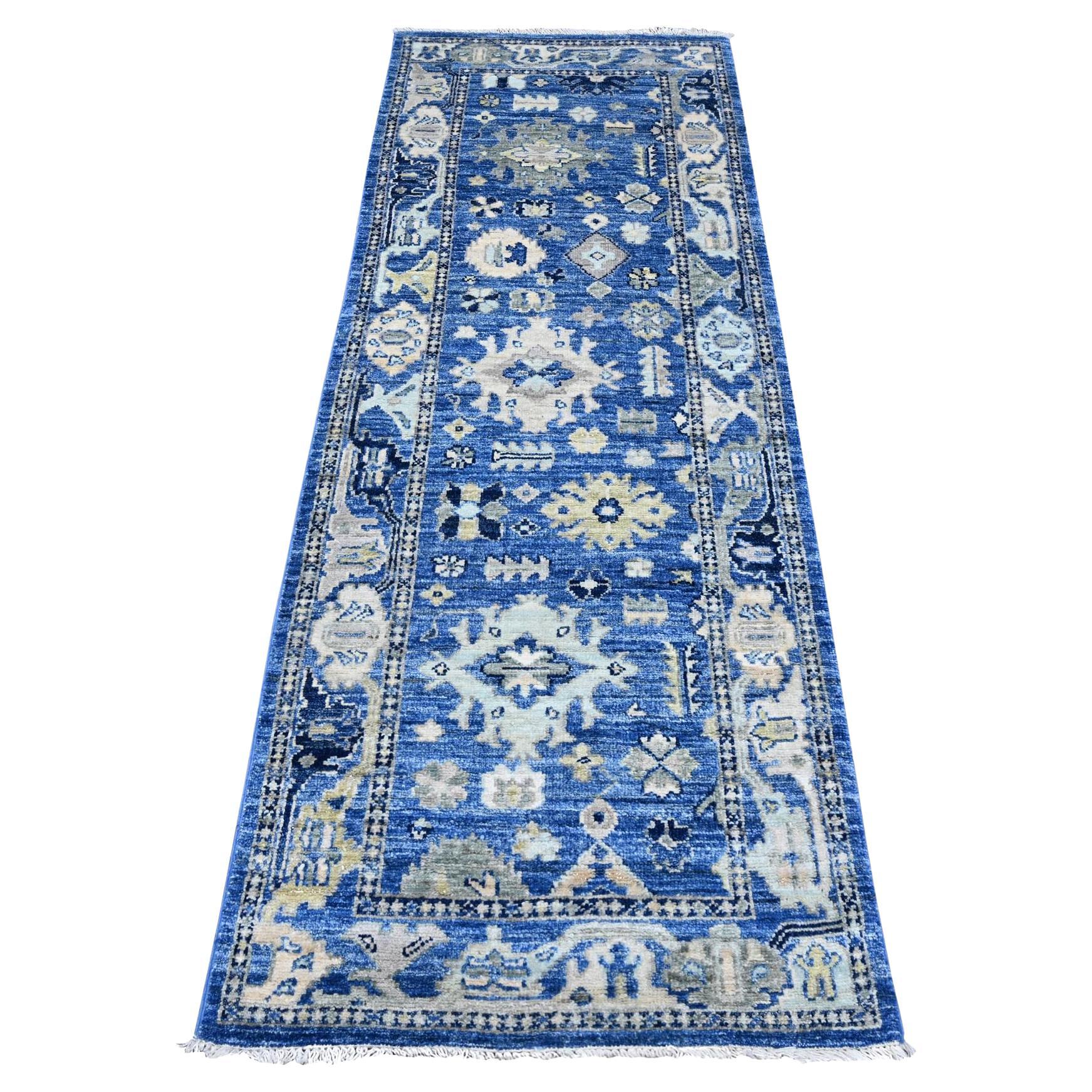 2'8 "x7'8" Bleu saphir Afghan Angora Oushak Weft Runner Tapis d'Orient