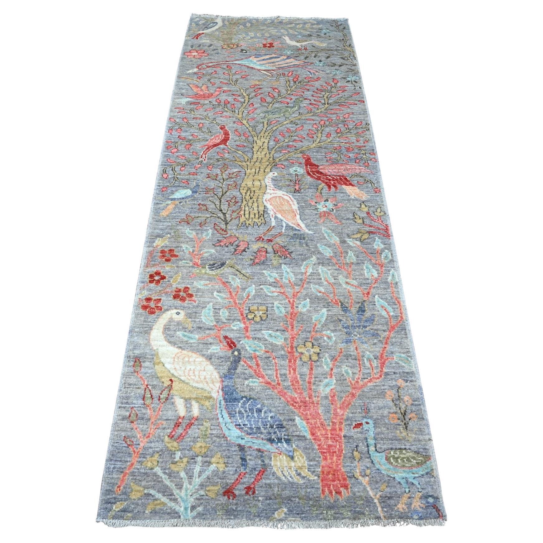 2'8 "x7'9" Cadete Gris Birds Paradise Hand Knotted Peshawar Runner Alfombra Oriental